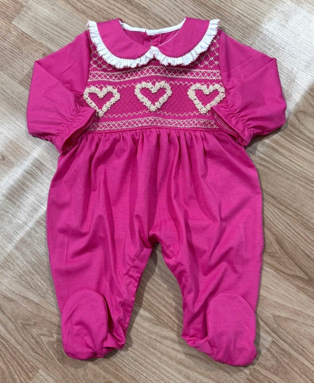 Girls pink heart hand smocked babygrow