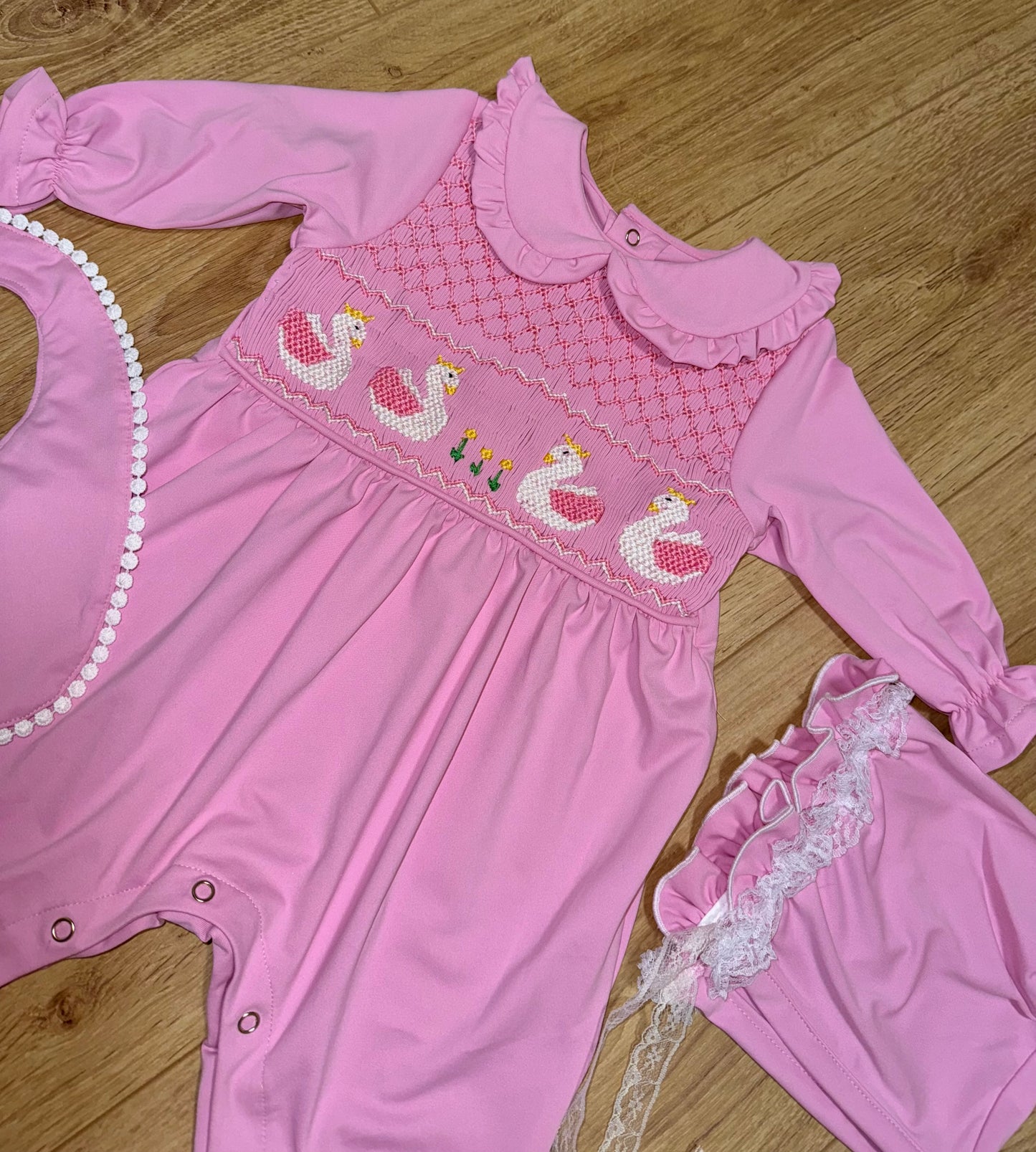 Girls Hand Smocked Swan Babygrow Set