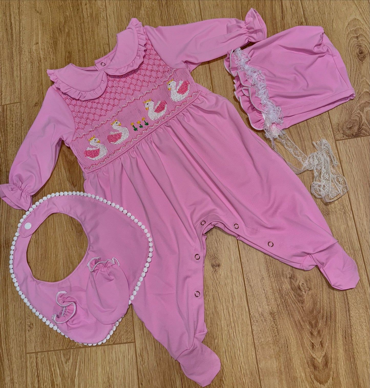 Girls Hand Smocked Swan Babygrow Set