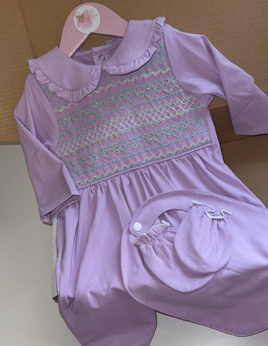 Girls Hand Smocked Lilac Pearl Babygrow Set