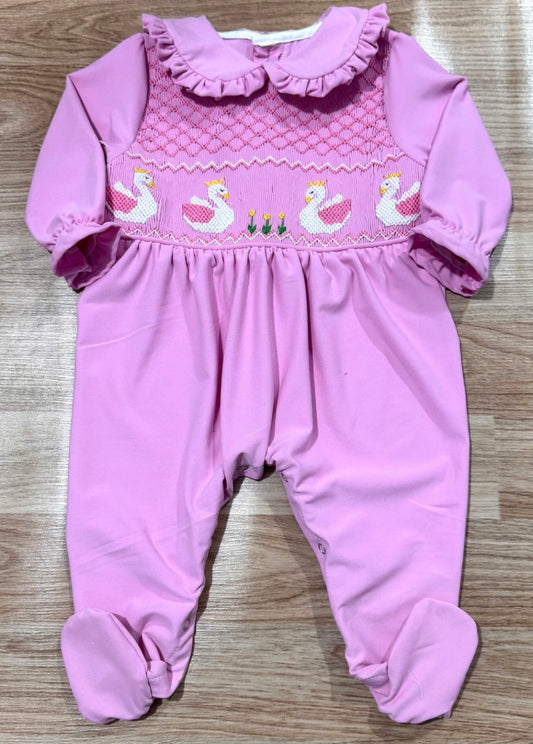 Girls swan smocked babygrow pre order