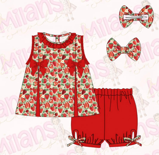 Girls ‘Strawberry Dream’ Shorts & Top 2 Piece Set With Hair Bow (PRE ORDER)