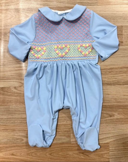 Girls hand smocked pastel babygrow