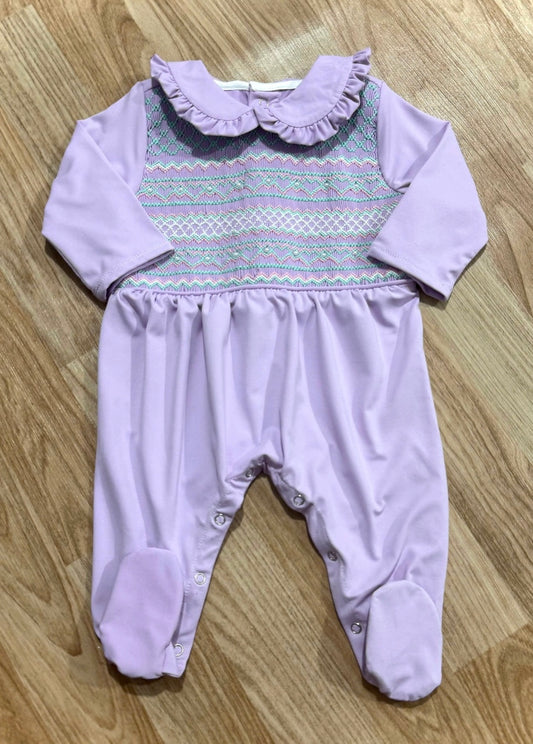 Girls hand smocked lilac pearl babygrow set
