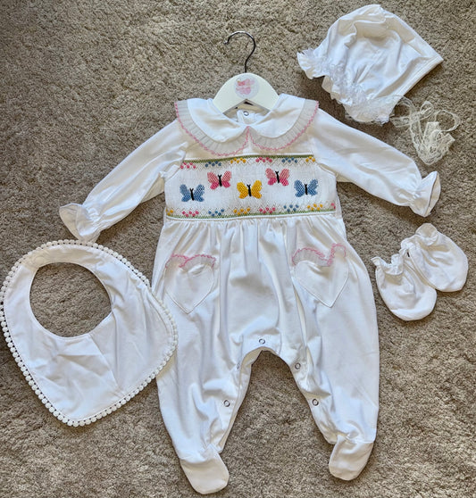 Girls hand smocked butterfly babygrow set