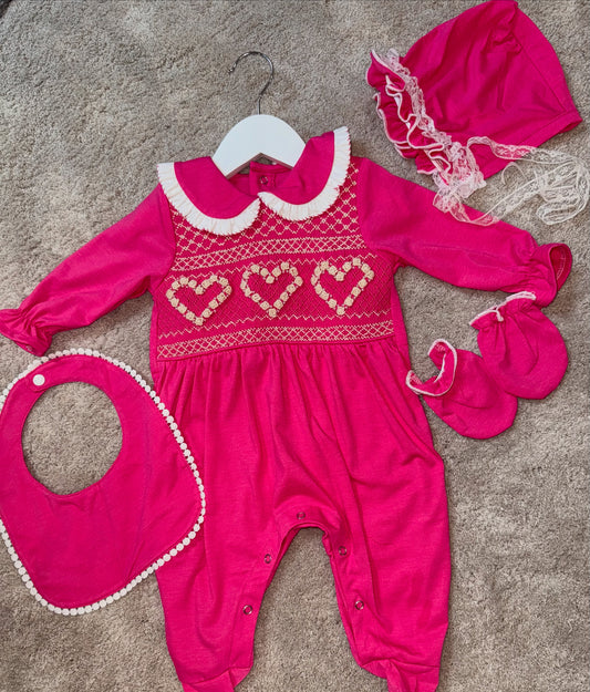 Girls pink heart hand smocked babygrow set