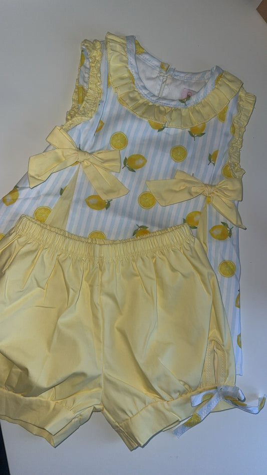 Girls Lemon Shorts & Top 2 Piece Set With Hair Bow