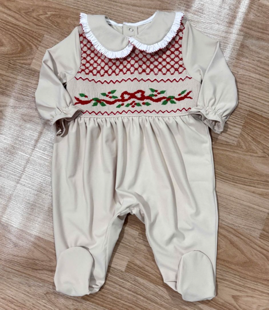 Girls Hand Smocked Christmas Babygrow Set