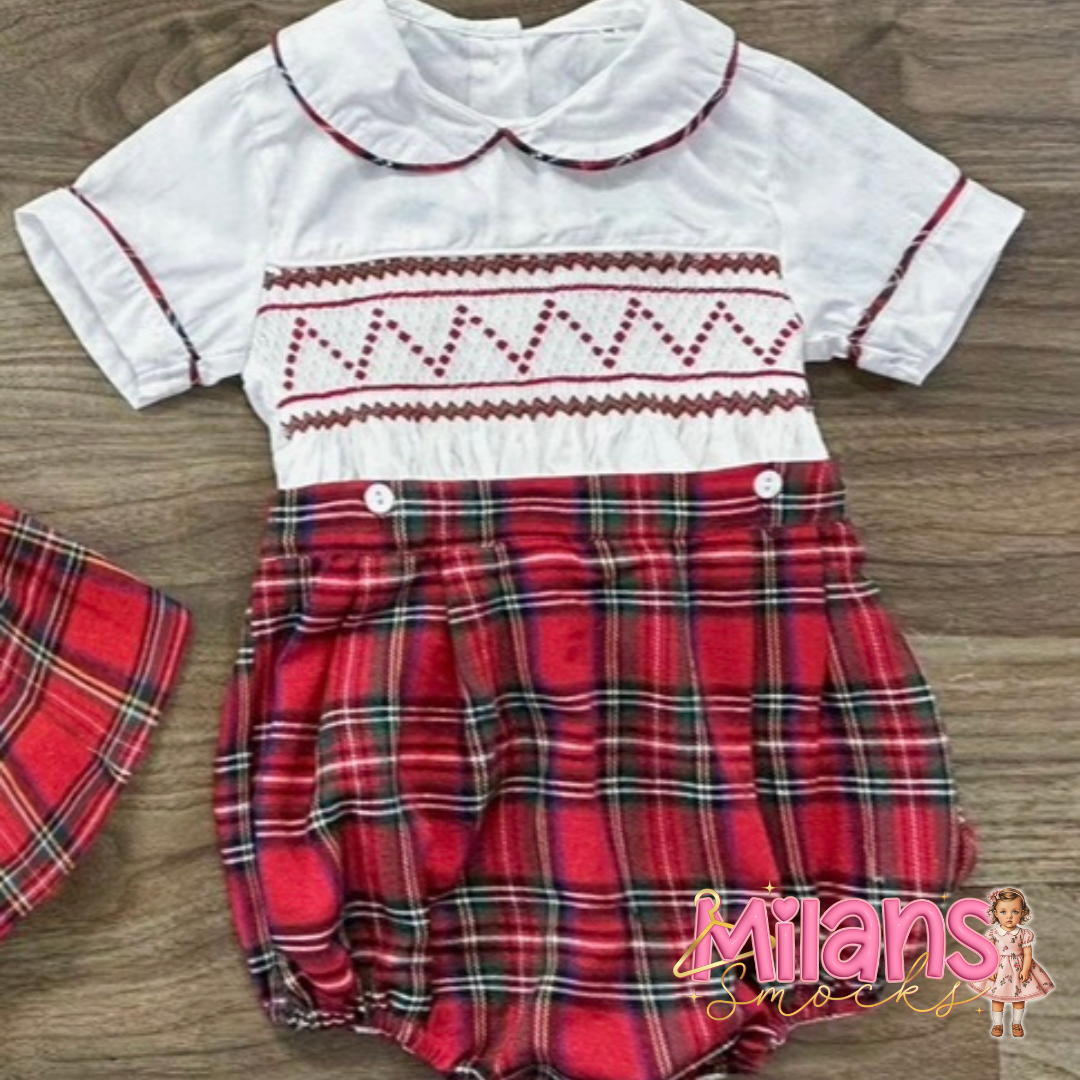 Boys tartan Christmas smock romper set