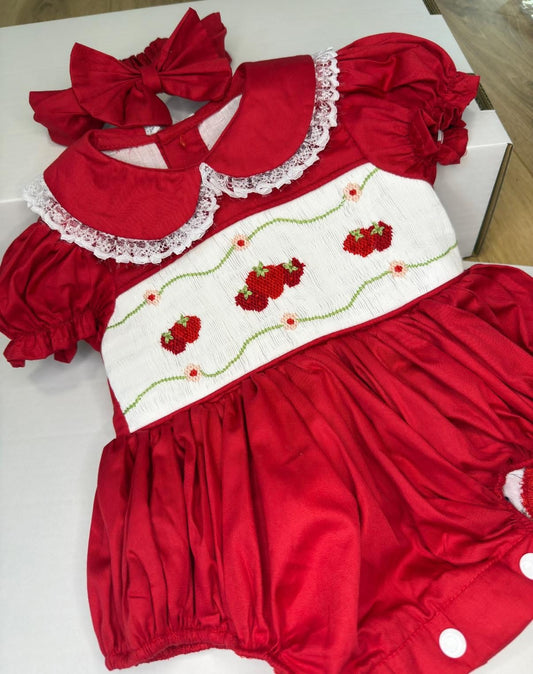 STRAWBERRY SWIRL HAND SMOCKED ROMPER